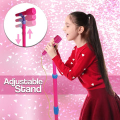 Karaoke Disco Light Adjustable Mic & Speaker Stand - Pink 12 Pre-loaded Songs, Smartphone and MP3 Connectivity