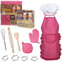 Kids Pink Chef Costume Set for Pretend Play & Learning, Complete Cooking Kit for Toddler Dress Up, Includes Apron, Hat, Utensils, Cookbook - Ages 3-5