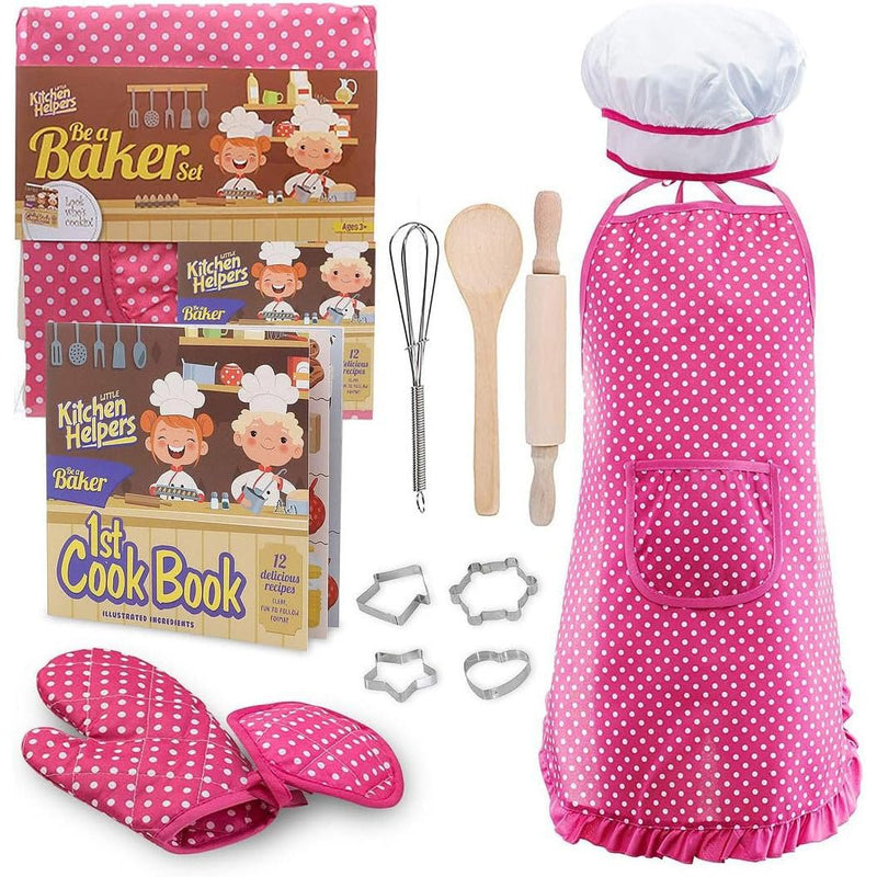 Kids Pink Chef Costume Set for Pretend Play & Learning, Complete Cooking Kit for Toddler Dress Up, Includes Apron, Hat, Utensils, Cookbook - Ages 3-5