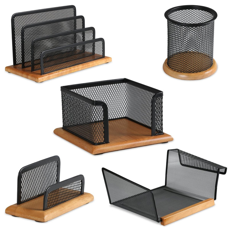 Mesh Office Desk Accessories - 5-Piece Steel Desk Organizer Set - Phone Stand, Pencil Cup, Business Card Holder, Memo and Letter Holder - Office Supplies to Enhance Productivity