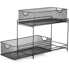 Premium 2-Tier Mesh Sliding Drawer Organizer for Bathroom, Pantry, and More - Space-Saving Design, Durable Steel Construction - 14" x 12.75" x 6.75" - Black