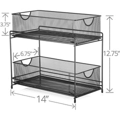 Premium 2-Tier Mesh Sliding Drawer Organizer for Bathroom, Pantry, and More - Space-Saving Design, Durable Steel Construction - 14" x 12.75" x 6.75" - Black