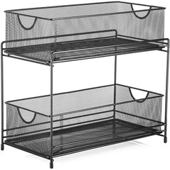 Premium 2-Tier Mesh Sliding Drawer Organizer for Bathroom, Pantry, and More - Space-Saving Design, Durable Steel Construction - 14" x 12.75" x 6.75" - Black