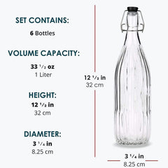 Premium Linear Design Brewing Bottles - 1 Liter, Swing Top Lid, 6 Pack