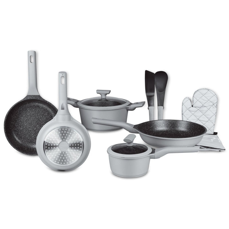 Premium Nonstick Cookware Set - Complete Kitchen Essentials Bundle with Silicone Handles - Nonstick Pans, Pots, and Accessories in Elegant, Gray