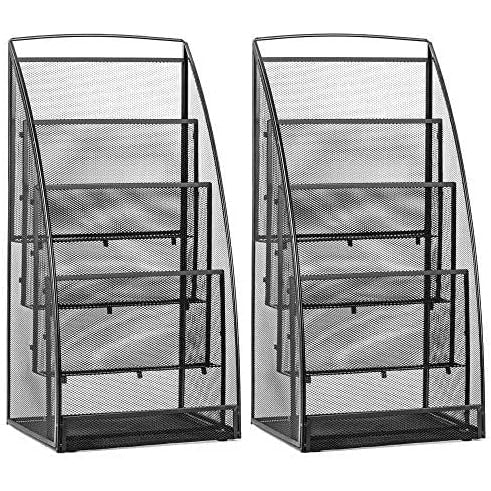 Premium Steel Mesh Magazine Rack - 4 Pocket Wall-Mounted Organizer for Magazines, Newspapers, and Documents (2 Pack, Black)