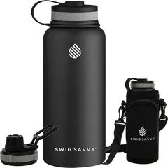 Premium Vacuum Insulated Stainless Steel Water Bottle - 32oz - Includes 2 Leak-Proof Lids and Protective Sleeve