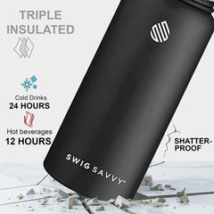 Premium Vacuum Insulated Stainless Steel Water Bottle - 32oz - Includes 2 Leak-Proof Lids and Protective Sleeve