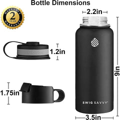 Premium Vacuum Insulated Stainless Steel Water Bottle - 32oz - Includes 2 Leak-Proof Lids and Protective Sleeve