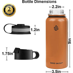 Premium Vacuum Insulated Stainless Steel Water Bottle - 32oz - Includes 2 Leak-Proof Lids and Protective Sleeve