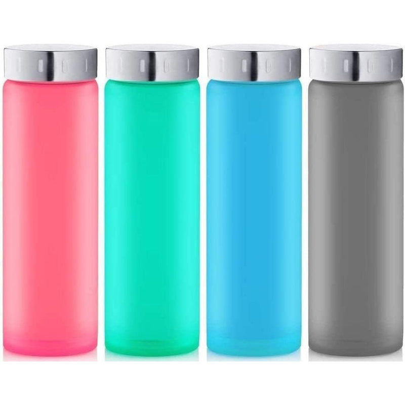 Reusable Glass Water Bottles - 17 oz Set of 4 - Leakproof Stainless Steel Caps- Wide Mouth, Ideal for Juices, Smoothies, and Hydration Eco-Friendly