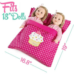 Reversible Twin Doll Sleeping Bag with Attached Pillows - Double Bedding Set for 18" Girl Dolls