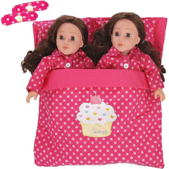 Reversible Twin Doll Sleeping Bag with Attached Pillows - Double Bedding Set for 18" Girl Dolls