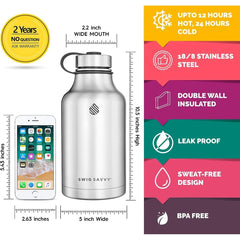 Sports Water Bottle - 64oz (Silver) | Vacuum Insulated Stainless Steel, Double Wall, Wide Mouth, Leakproof Lid