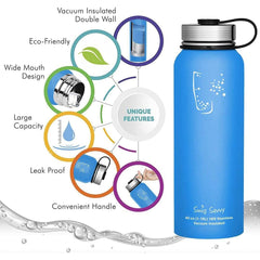 Stainless Steel Sports Water Bottle - 40oz, Vacuum Insulated, Double-Wall, Wide Mouth, Leakproof Lid