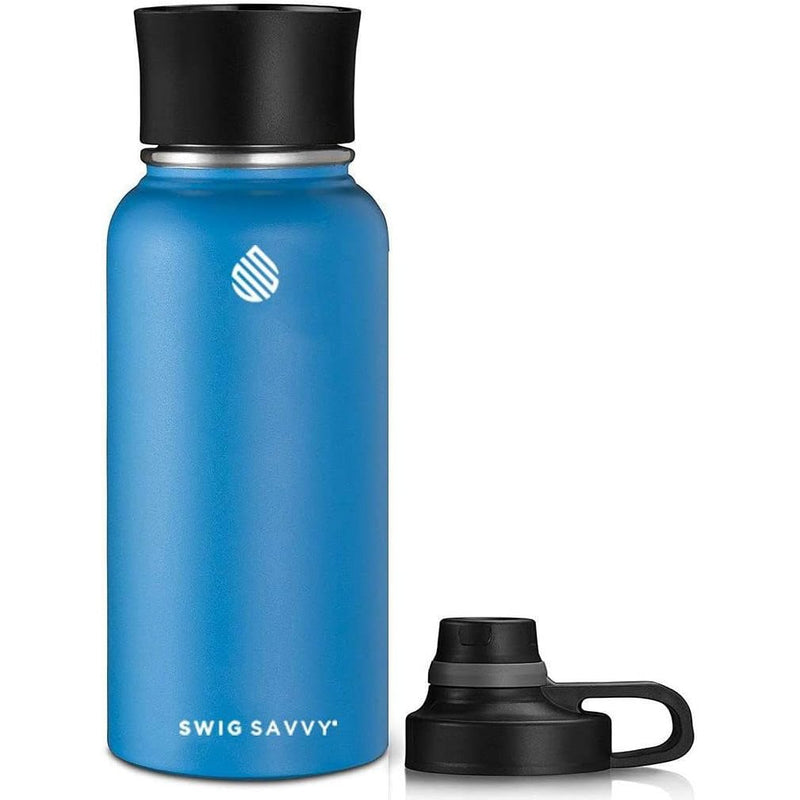 Swig Savvy Sports Water Bottle - 30oz, Vacuum Insulated Stainless Steel, Double Wall, Wide Mouth, 2 Leakproof Lids, Travel Thermos