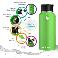 Swig Savvy Sports Water Bottle - 30oz, Vacuum Insulated Stainless Steel, Double Wall, Wide Mouth, 2 Leakproof Lids, Travel Thermos