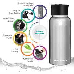 Swig Savvy Sports Water Bottle - 40oz Stainless Steel, Vacuum Insulated, Double Wall, Leakproof Lid (Silver)