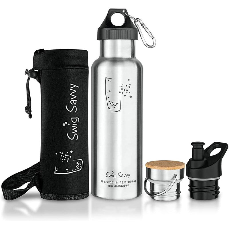 Swig Savvy Stainless Steel Water Bottle - 20 Oz Leak-Proof Flask with 3 Lids and Pouch