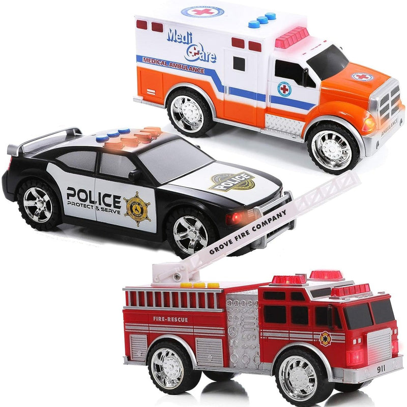 Ultimate Emergency Rescue Vehicle Set - Police Car, Ambulance, Fire Truck with Lights and Sound Sirens - Perfect for Boys