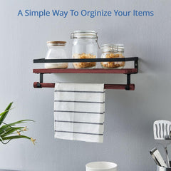 Wall Mounted Floating Shelf with Rail and Wooden Towel Rod