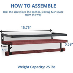 Wall Mounted Floating Shelf with Rail and Wooden Towel Rod