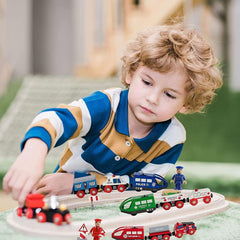 Wooden Battery Operated Action Rescue Train Set - 3 Engines, 6 Cars, Figures, and Accessories - Compatible with Major Wooden Train Tracks