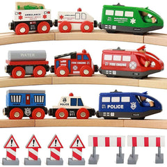 Wooden Battery Operated Action Rescue Train Set - 3 Engines, 6 Cars, Figures, and Accessories - Compatible with Major Wooden Train Tracks