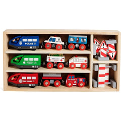 Wooden Battery Operated Action Rescue Train Set - 3 Engines, 6 Cars, Figures, and Accessories - Compatible with Major Wooden Train Tracks