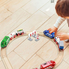 Wooden Battery Operated Action Rescue Train Set - 3 Engines, 6 Cars, Figures, and Accessories - Compatible with Major Wooden Train Tracks