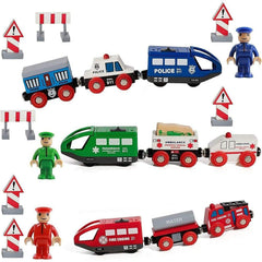 Wooden Battery Operated Action Rescue Train Set - 3 Engines, 6 Cars, Figures, and Accessories - Compatible with Major Wooden Train Tracks